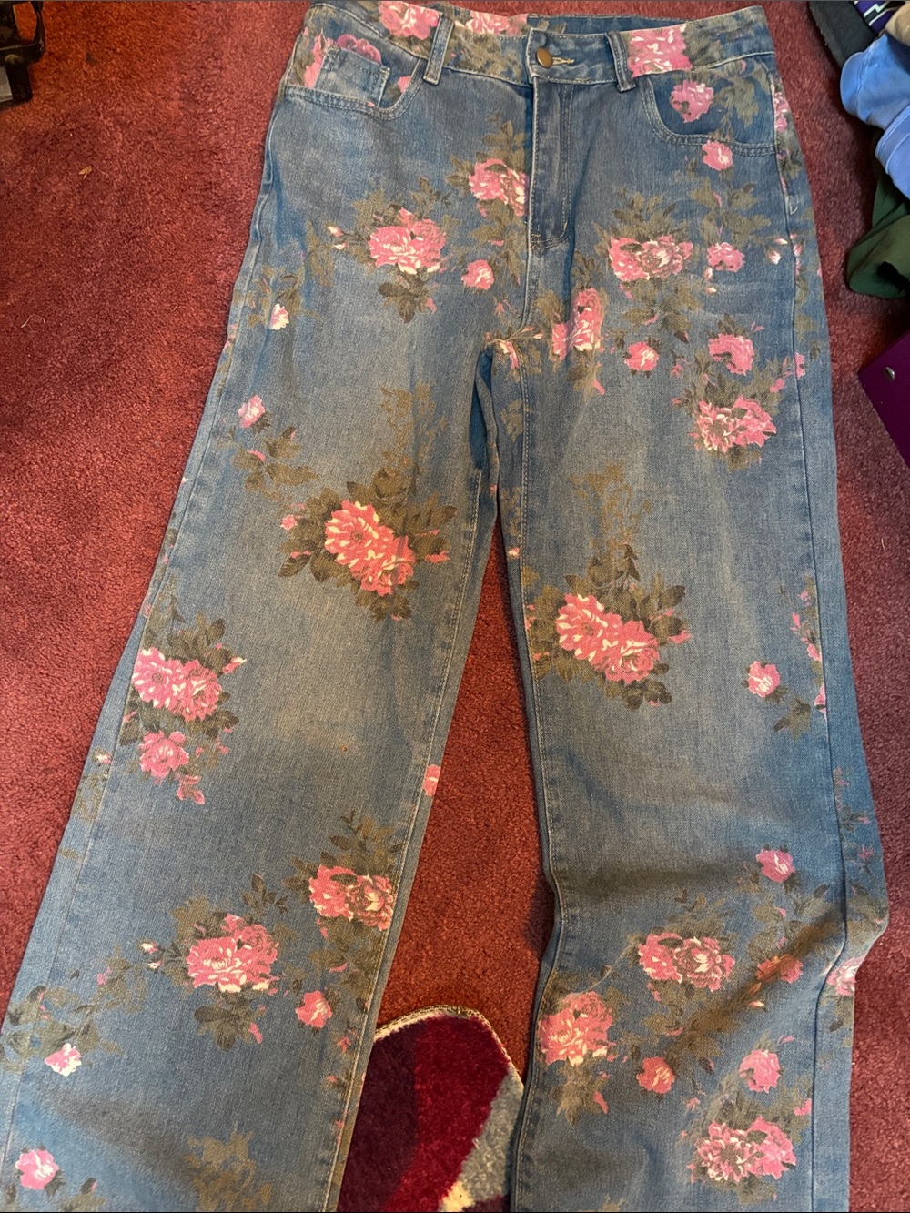Size large - Women's Floral Print Blue Denim Jeans - Pink Rose Accent